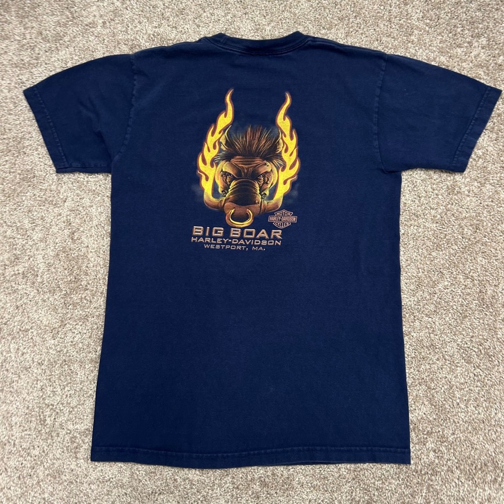 Harley Davidson Big Boar Westport, MA Double Sided Tshirt Eagle Size Medium Blue